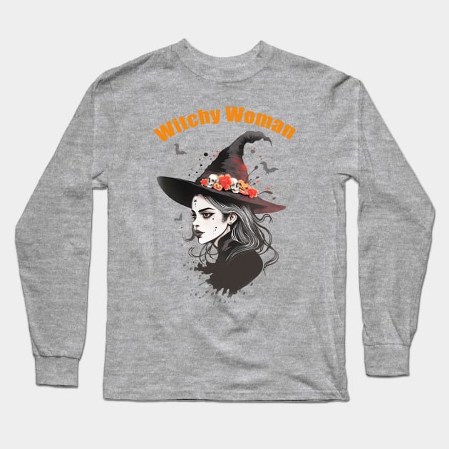 Witch Woman, Beautiful Witch, witch for cute Halloween, witch hat, spooky gothic Long Sleeve T-Shirt by Collagedream